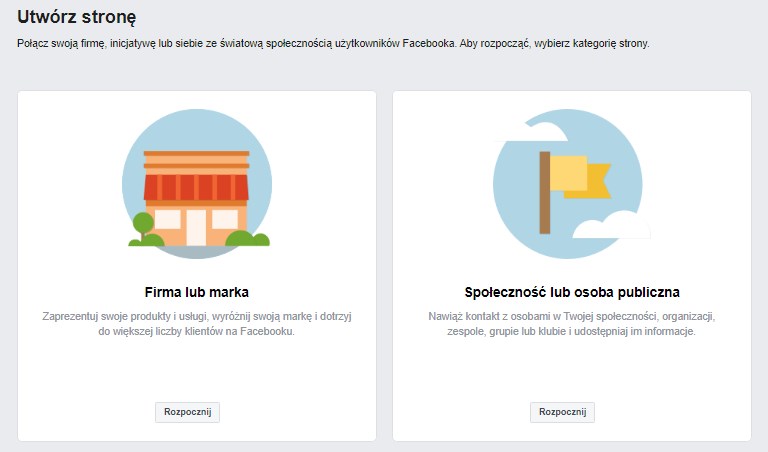 Wybór między firmą, a społecznością podczas zakładania strony na Facebooku.