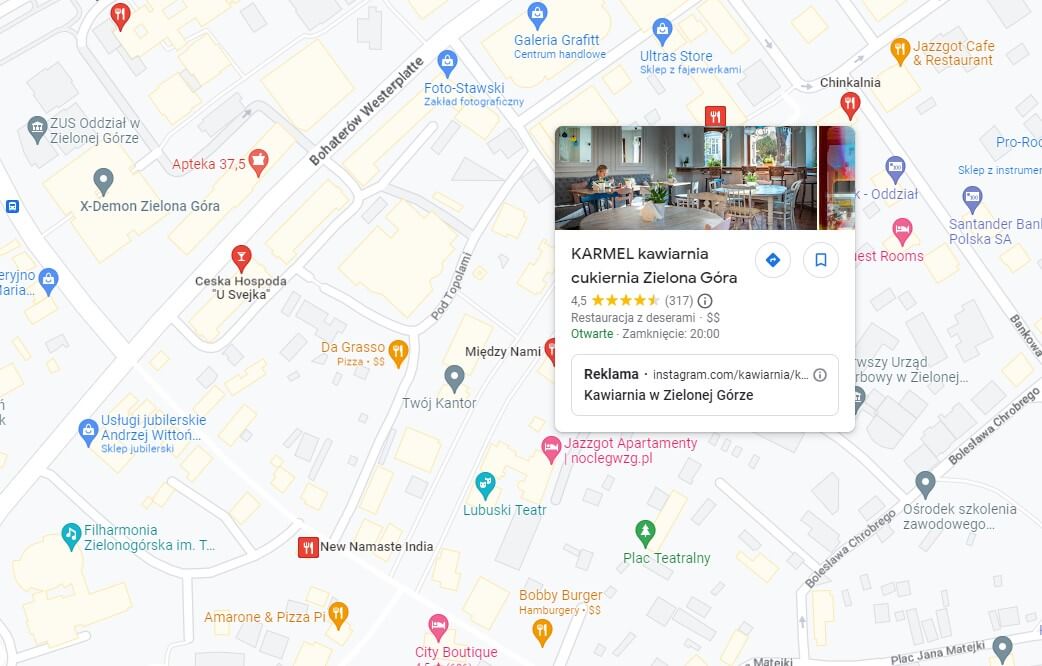Przykładowe wyświetlanie się reklam na mapach Google dla zapytania