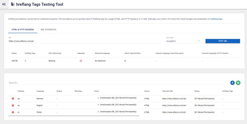hreflang na stronie alfavox