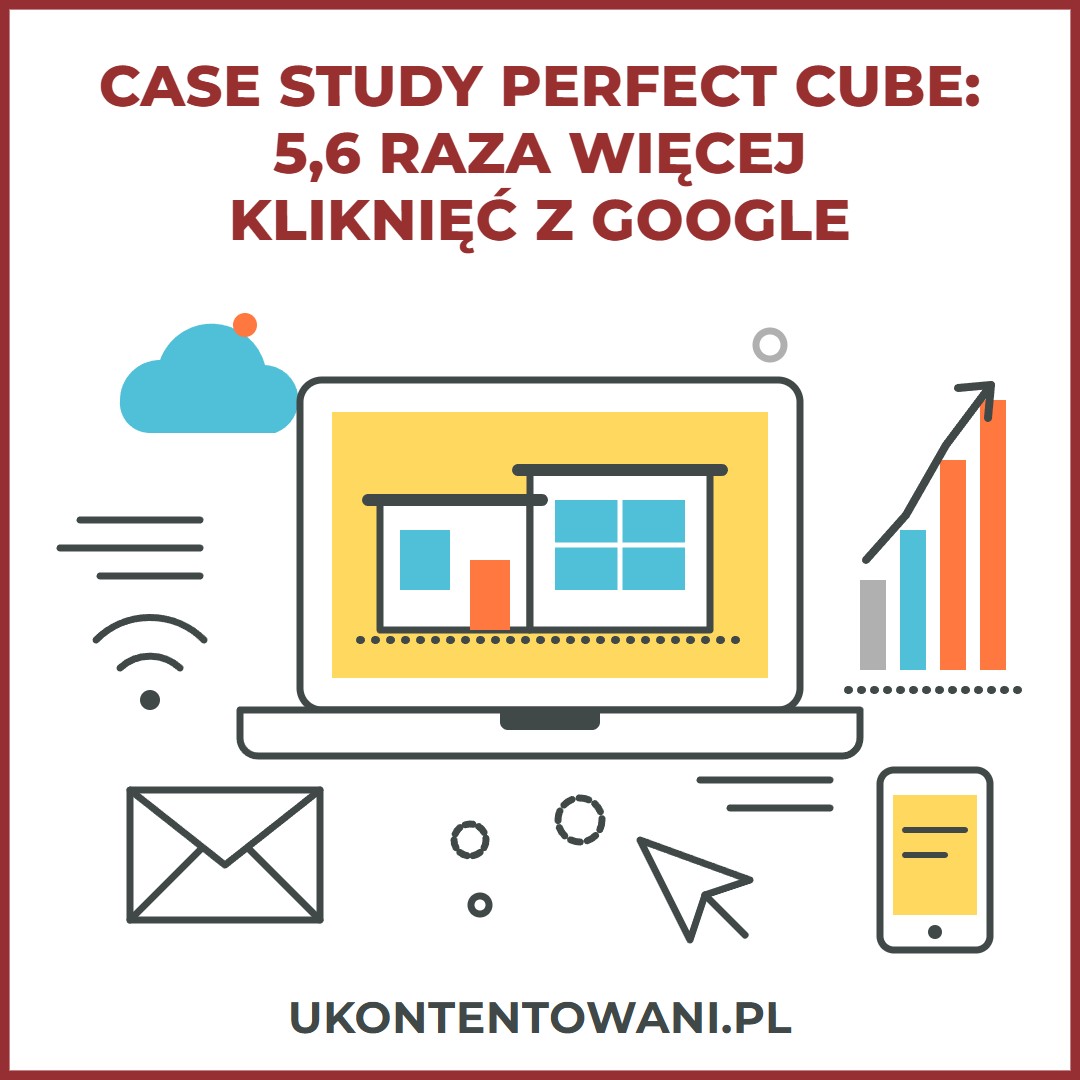 Case study Perfect Cube: 5,6 raza więcej kliknięć z Google. Ilustracja: laptop z domem modułowym, rosnący wykres i telefon