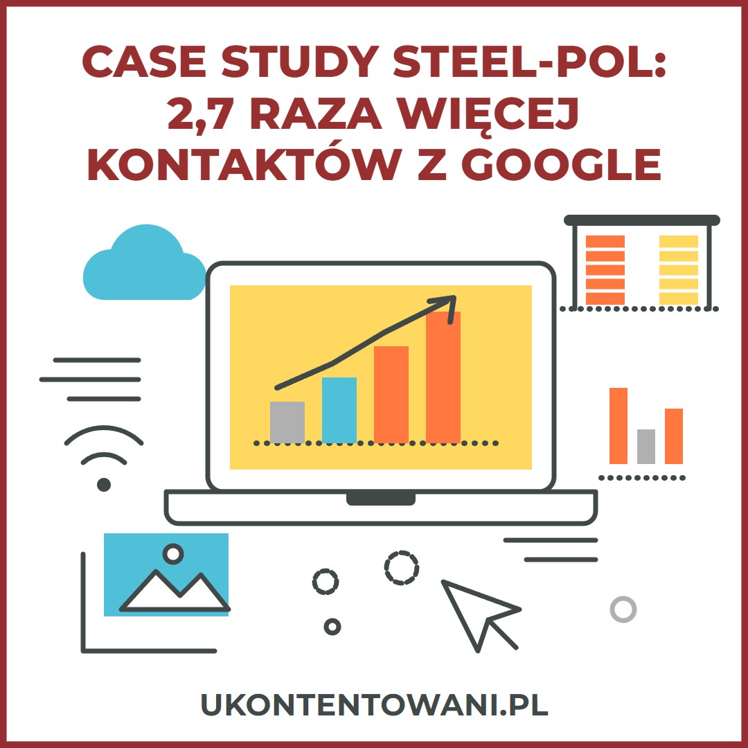 Case study Steel-Pol: 2,7 raza więcej kontaktów z Google. Ilustracja: laptop z rosnącym wykresem i wiata garażowa