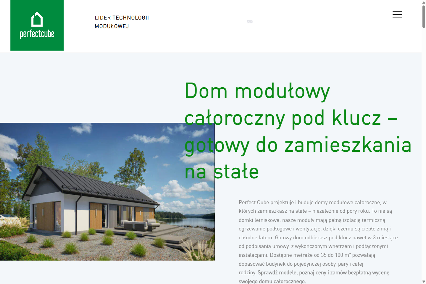 Podstrona o całorocznych domach modułowych na perfectcube.pl, która przyniosła 2 397 kliknięć z Google