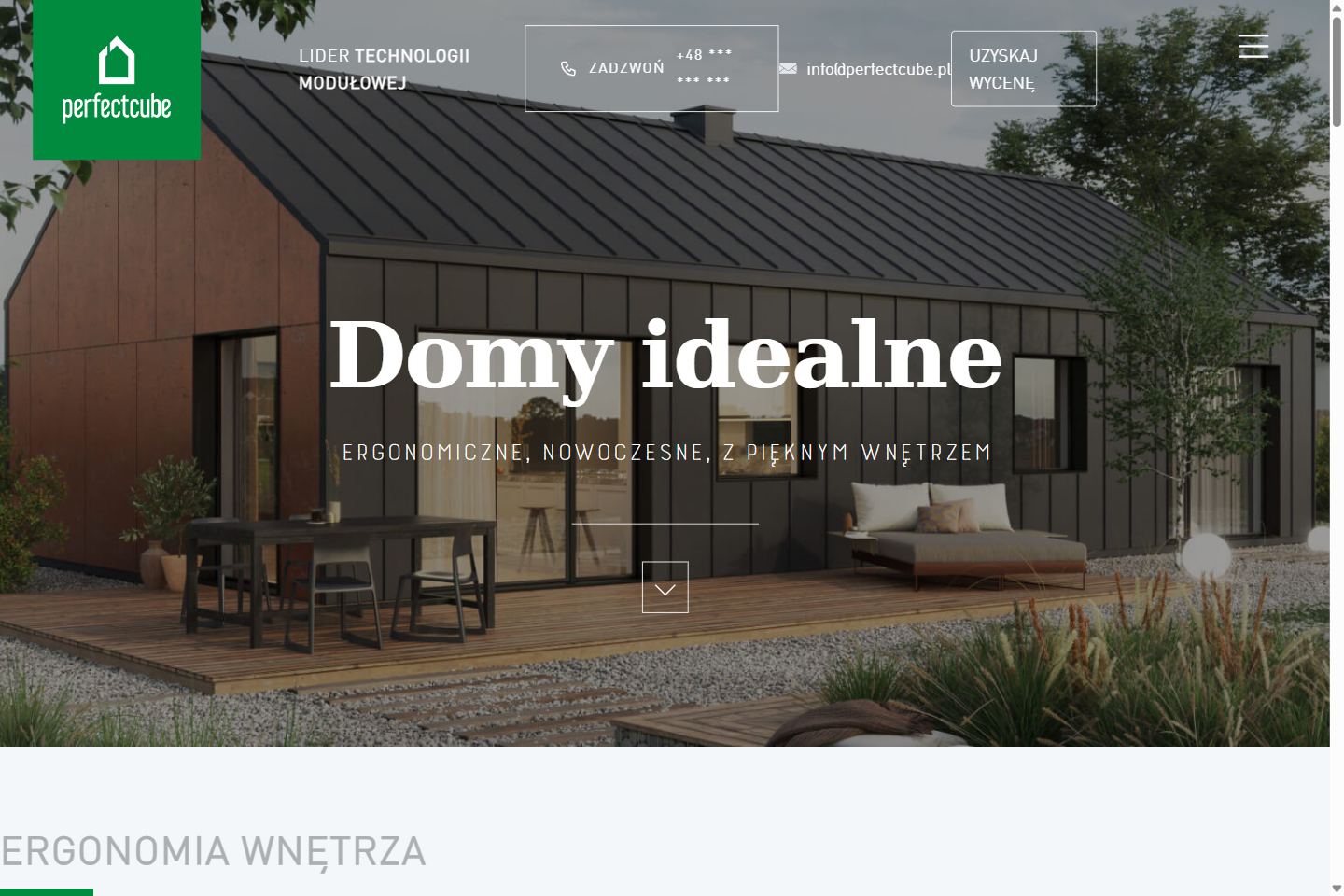 Strona główna perfectcube.pl po przeniesieniu na WordPress: baner z domem modułowym i przyciskiem Zadzwoń
