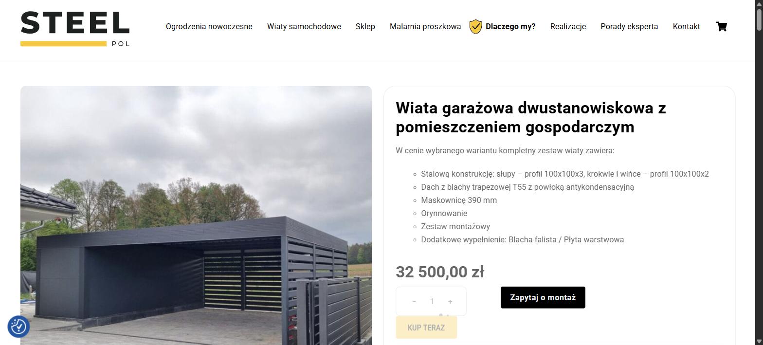 Strona produktowa wiaty garażowej dwustanowiskowej z pomieszczeniem gospodarczym na steel-pol.pl: lista wyposażenia, cena i przycisk zapytania o montaż